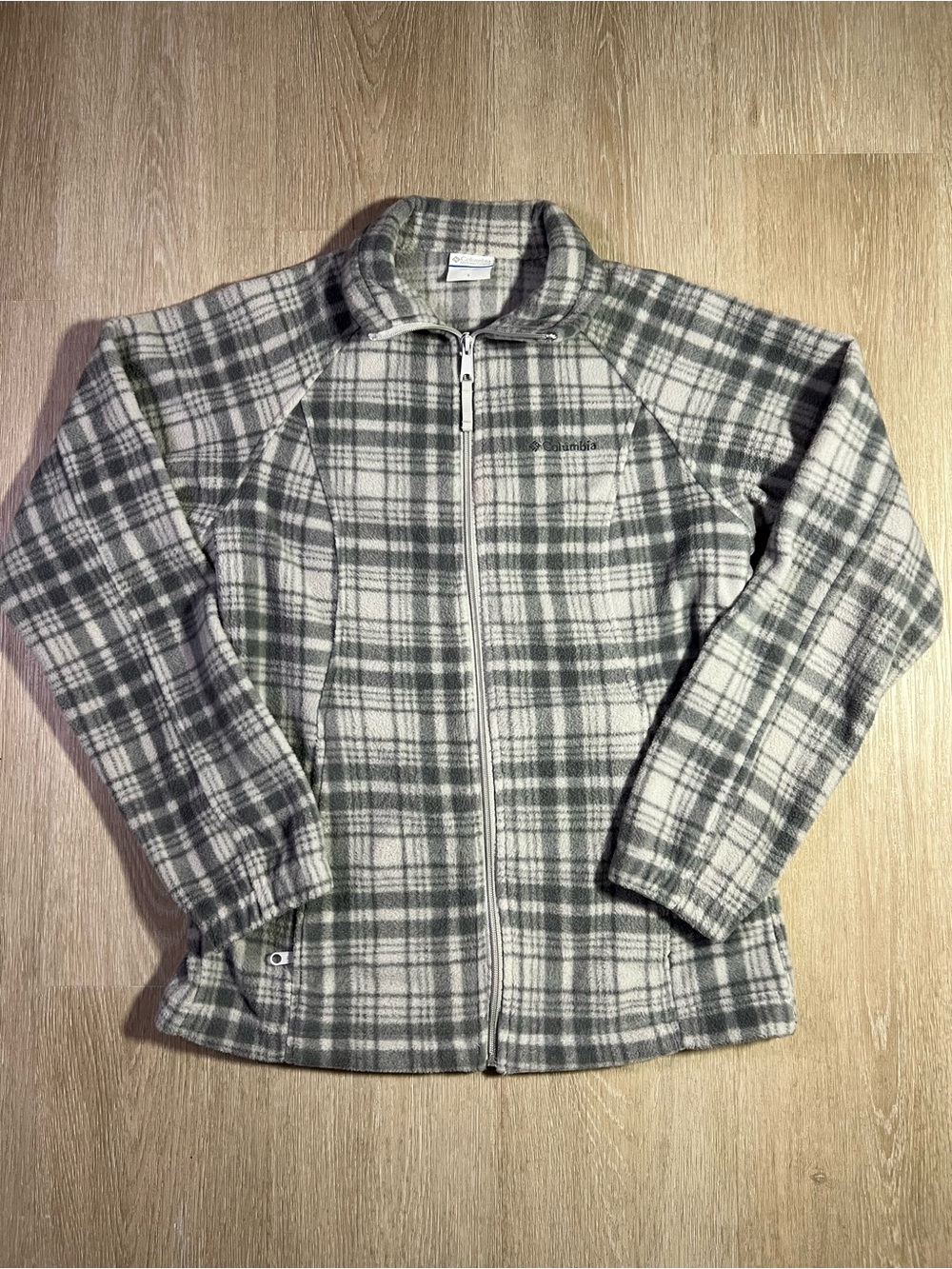 Columbia Gray & White Plaid Fleece Zip Jacket Cozy Classic Chic